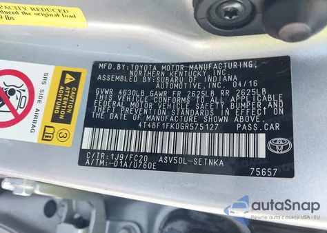 2016 Toyota Camry Le z USA, uszkodzony, nr VIN 4T4BF1FK0GR575127